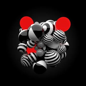 3d render background. Reflective materials. Stripe patterns and glow spheres  Stock Illustration