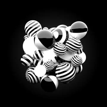 3d render background. Reflective materials. Stripe patterns and glow spheres  Stock Illustration