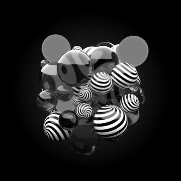 3d render background. Reflective materials. Stripe patterns and glow spheres  Stock-Illustration