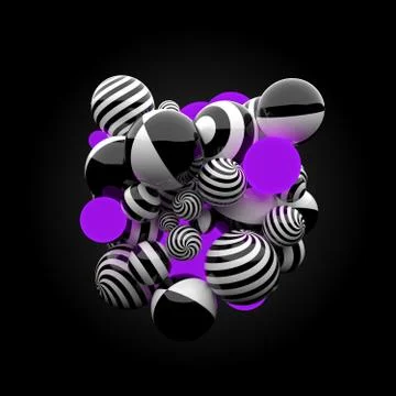 3d render background. Reflective materials. Stripe patterns and glow spheres  Stock Illustration