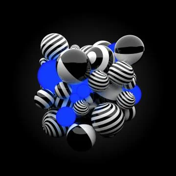 3d render background. Reflective materials. Stripe patterns and glow spheres  Stock Illustration
