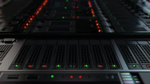 3d render background with. Technology theme. Abstract detailed server rack. Stock Illustration