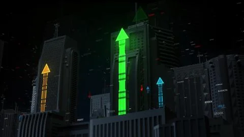 3d render background with vertical arrows among city skyscrappers. Financial  イラスト素材