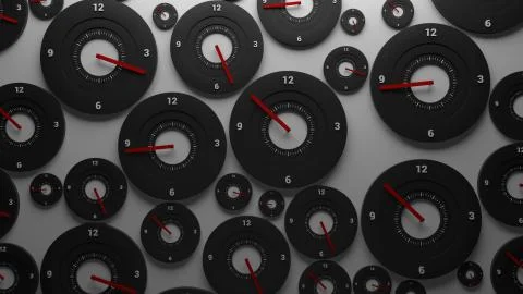 3d render background. Wall filled with clocks show random time. Deadline and  Stock Illustration