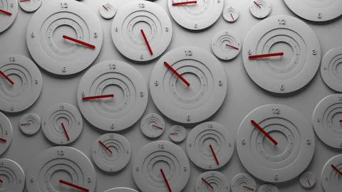 3d render background. Wall filled with clocks show random time. Deadline and  Stock Illustration