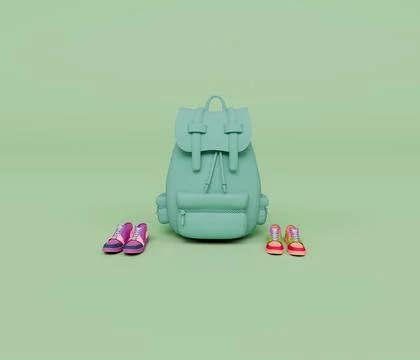3d render of backpack and two pair of colorful shoes isolated on Pastel backg Stock Illustration