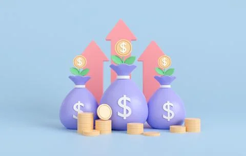 3d render bag money, tree growth and coin stack. Business growth dollar coi.. Stock Illustration