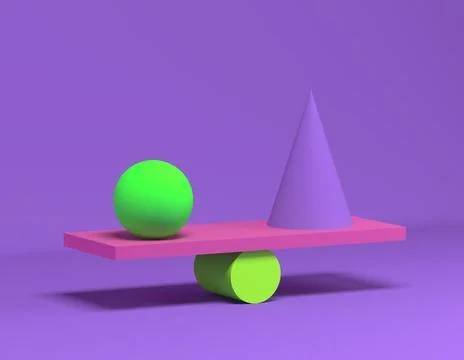 3D render of balancing geometric shapes. Lavender background. イラスト素材