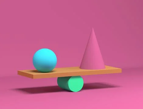 3D render of balancing geometric shapes. Ball, cone and cylinder. Balance. イラスト素材