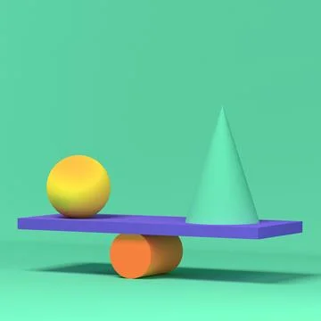 3D render of balancing geometric shapes. イラスト素材