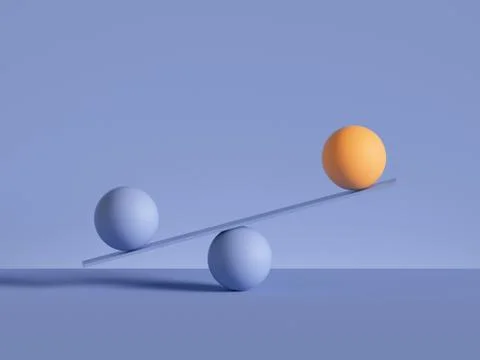 3d render, balls placed on scales, isolated on violet background. 스톡 일러스트