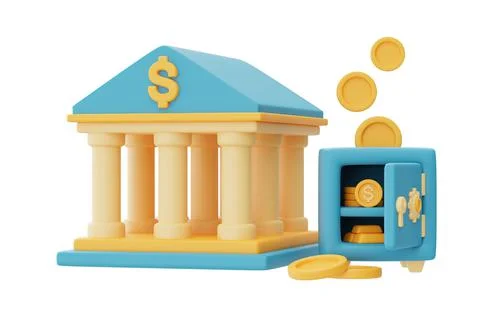 3d render of bank building with safe box and golden coin stacks isolated on l Ilustración de archivo