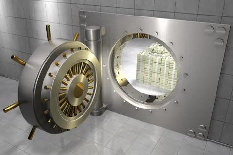 3D render of a bank vault with stack of 100 dollar bills inside Stock Illustration