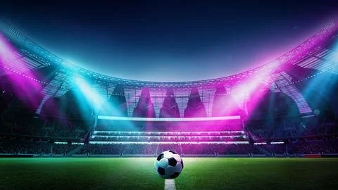 3D render. Banner image of empty soccer open air stadium with football ball Stock Illustration