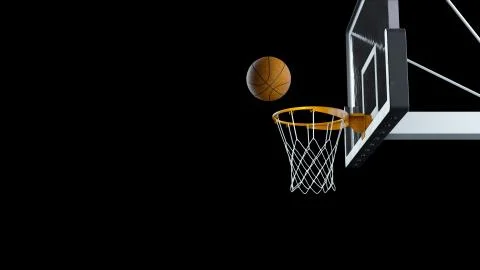 3d render Basketball hit the basket on a black background Stock Illustration