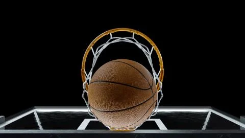 3d render Basketball hit the basket on a black background Stock Illustration