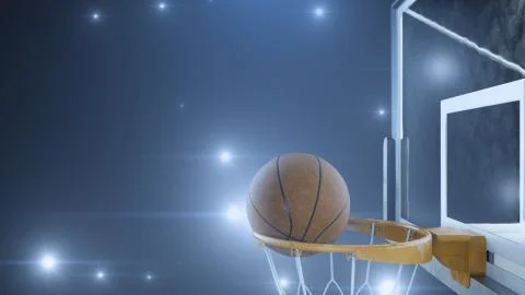 3d render Basketball hit the basket in slow motion on the background of flashes Stock Illustration