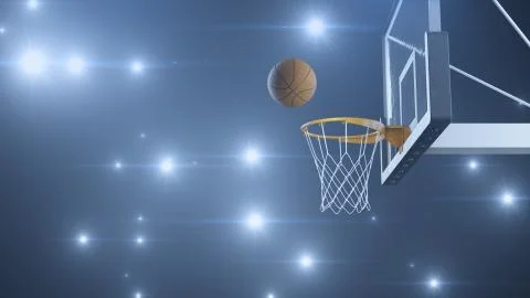 3d render Basketball hit the basket in slow motion on the background of flashes Stock Illustration