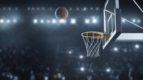 3d render Basketball hit the basket in slow motion on the background of flashes Stock Illustration