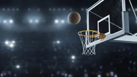3d render Basketball hit the basket in slow motion on the background of flashes Stock Illustration