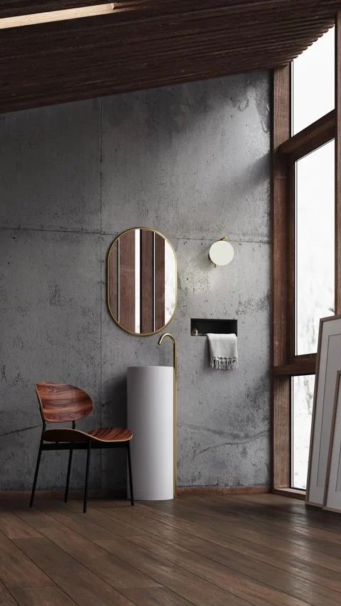 3d Render of bathroom with concrete wall and white washbasin cabinet Stock Footage 293437150