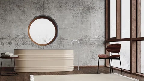 3d Render bathroom with concrete wall and metalic bathtub Stock Footage 294189883