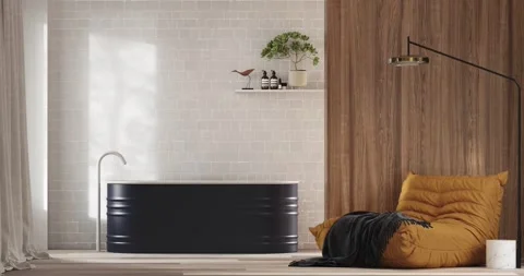 3d Render bathroom with white brick wall and blue bathtub Video stock 292116637