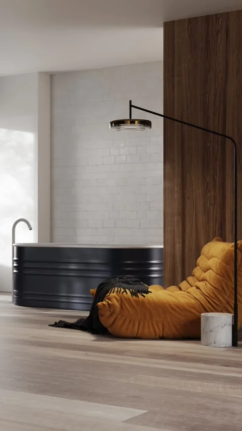 3d Render bathroom with white brick wall and blue bathtub Stock Footage 292116642