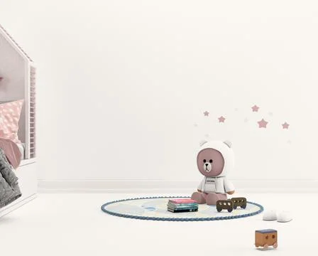 3d render of a bear toy in white hoodie on a floor of modern child room in white Stock Illustration