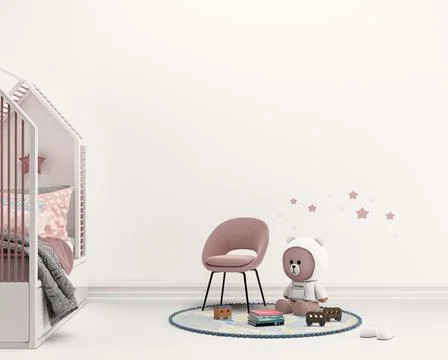 3d render of a bear toy in white hoodie on a floor of modern child room in white Stock Illustration