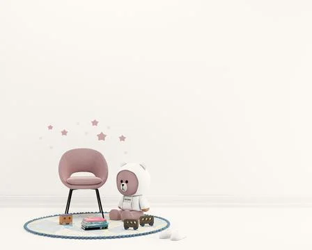 3d render of a bear toy in white hoodie on a floor of modern child room in white Stock Illustration