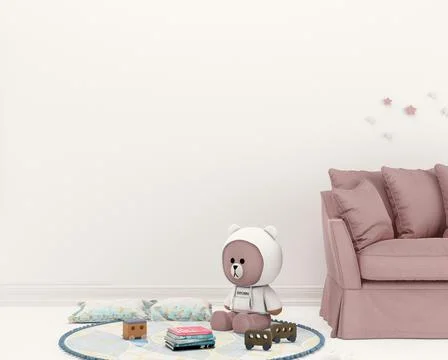 3d render of a bear toy in white hoodie on a floor of modern child room in white Stock Illustration
