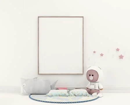 3d render of a bear toy in white hoodie on a floor of modern child room in white Stock Illustration