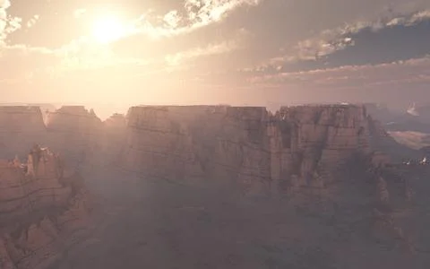 A 3D render of a beautiful canyon with tall rocky cliffs under a cloudy sky d Stock Illustration