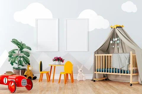 3d render of beautiful child room interior and toys Stock Illustration
