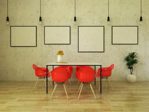 3D render of beautiful dining table with bright red chairs Stock Illustration