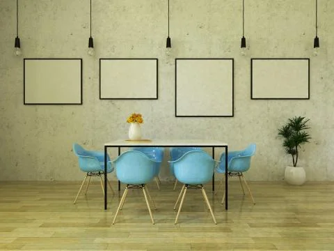 3D render of beautiful dining table with sky blue chairs Stock Illustration