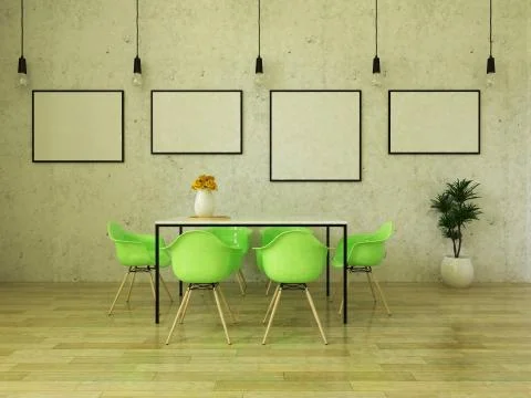 3D render of beautiful dining table with bright green chairs Stock Illustration