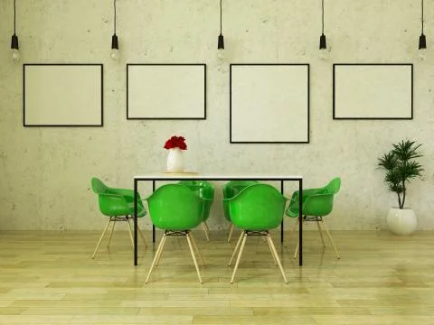 3D render of beautiful dining table with green chairs Stock Illustration