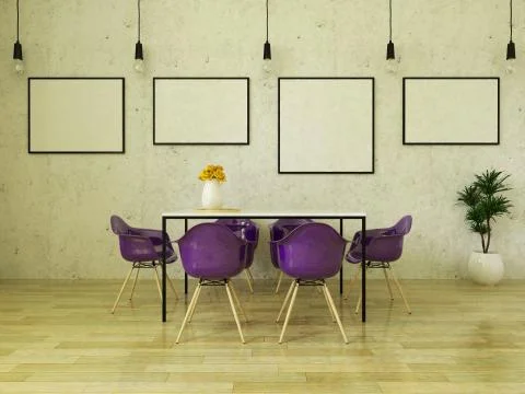 3D render of beautiful dining table with purple chairs Stock-Illustration