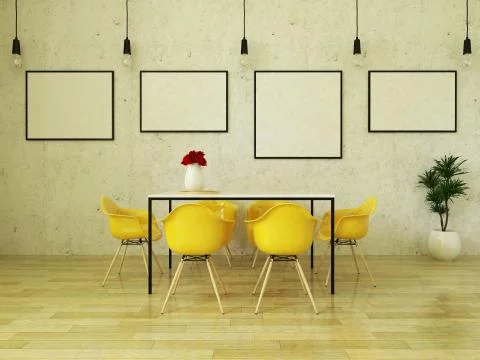 3D render of beautiful dining table with yellow chairs Stock Illustration