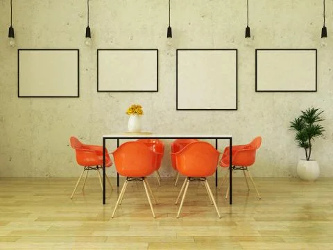 3D render of beautiful dining table with orange chairs Stock Illustration
