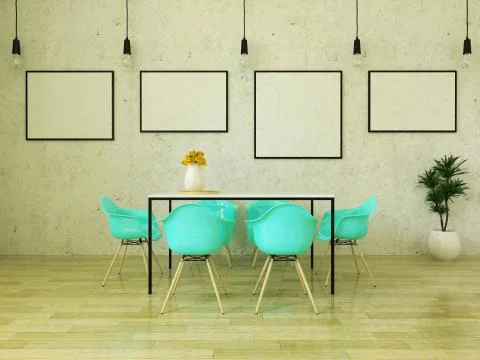 3D render of beautiful dining table with turquoise chairs Stock Illustration