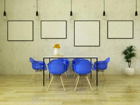 3D render of beautiful dining table with blue chairs Stock-Illustration