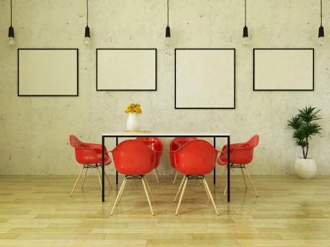 3D render of beautiful dining table with red chairs Stock Illustration