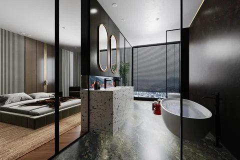 3d render of beautiful interior , bedroom and bathroom modern style 스톡 일러스트