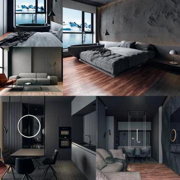 3d render of beautiful interior with dark  gray walls Stock Illustration