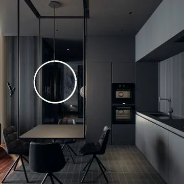 3d render of beautiful interior with dark  gray walls Stock Illustration