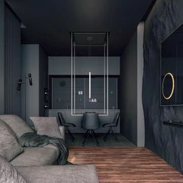 3d render of beautiful interior with dark  gray walls Stock Illustration