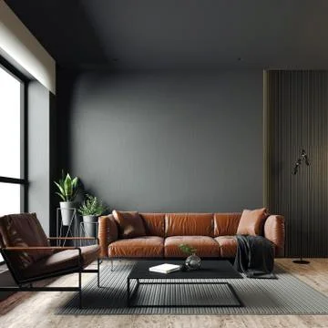 3d render of beautiful interior with dark  gray walls Stock Illustration